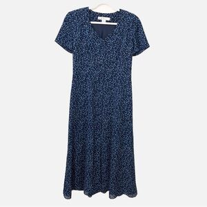 90’s Midi Dress Size 6 Maxi Blue Floral Short Sleeves Button Front David Warren